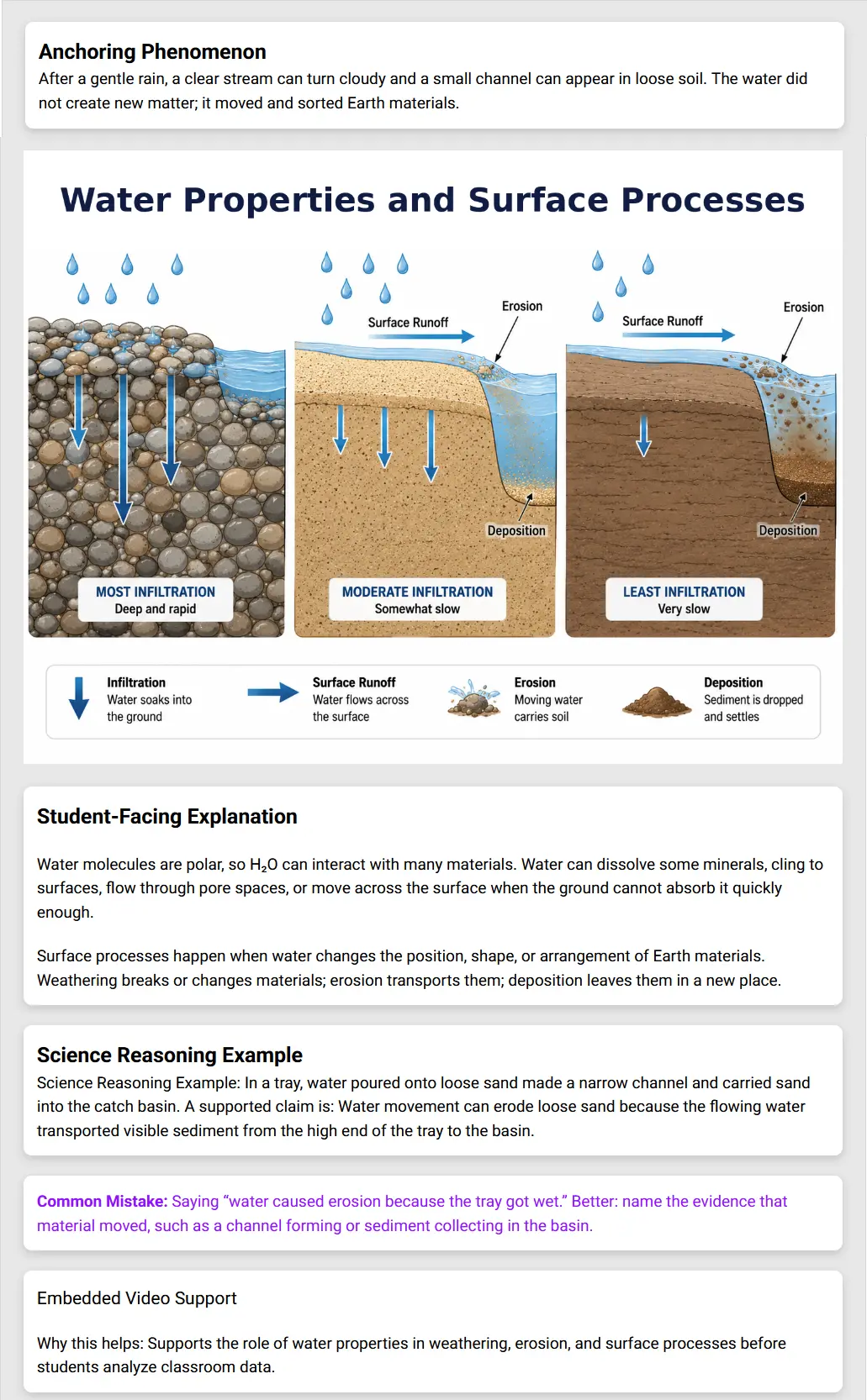 Environmental Science A sample lesson on water properties and surface processes with diagrams and a student-facing explanation.